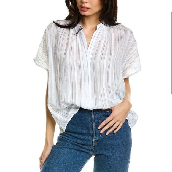 VINCE Short Sleeve Drapey Striped Blouse White Blue - Picture 1 of 9